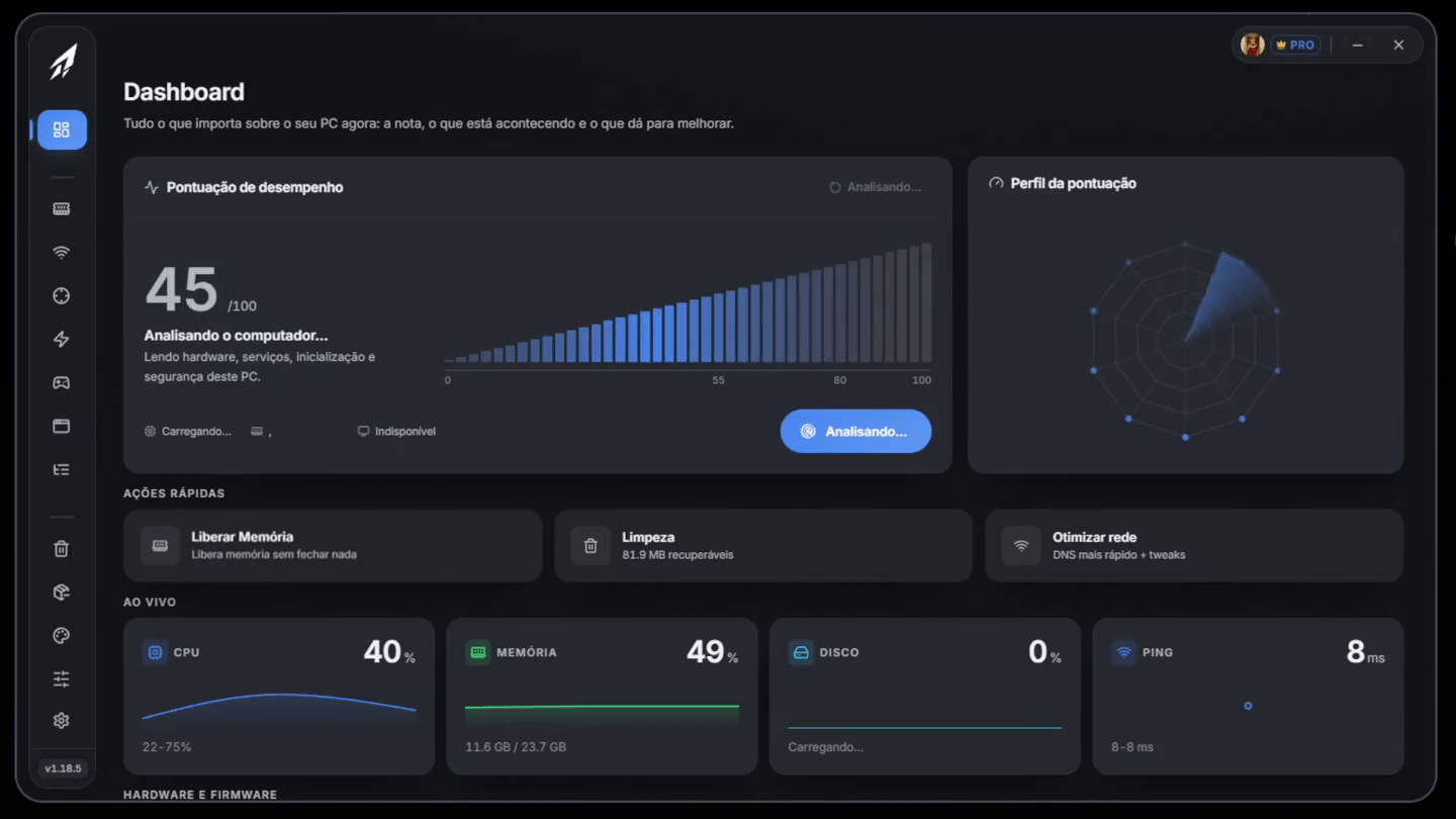 Octane's Performance dashboard, with the PC score and live CPU, memory and disk usage